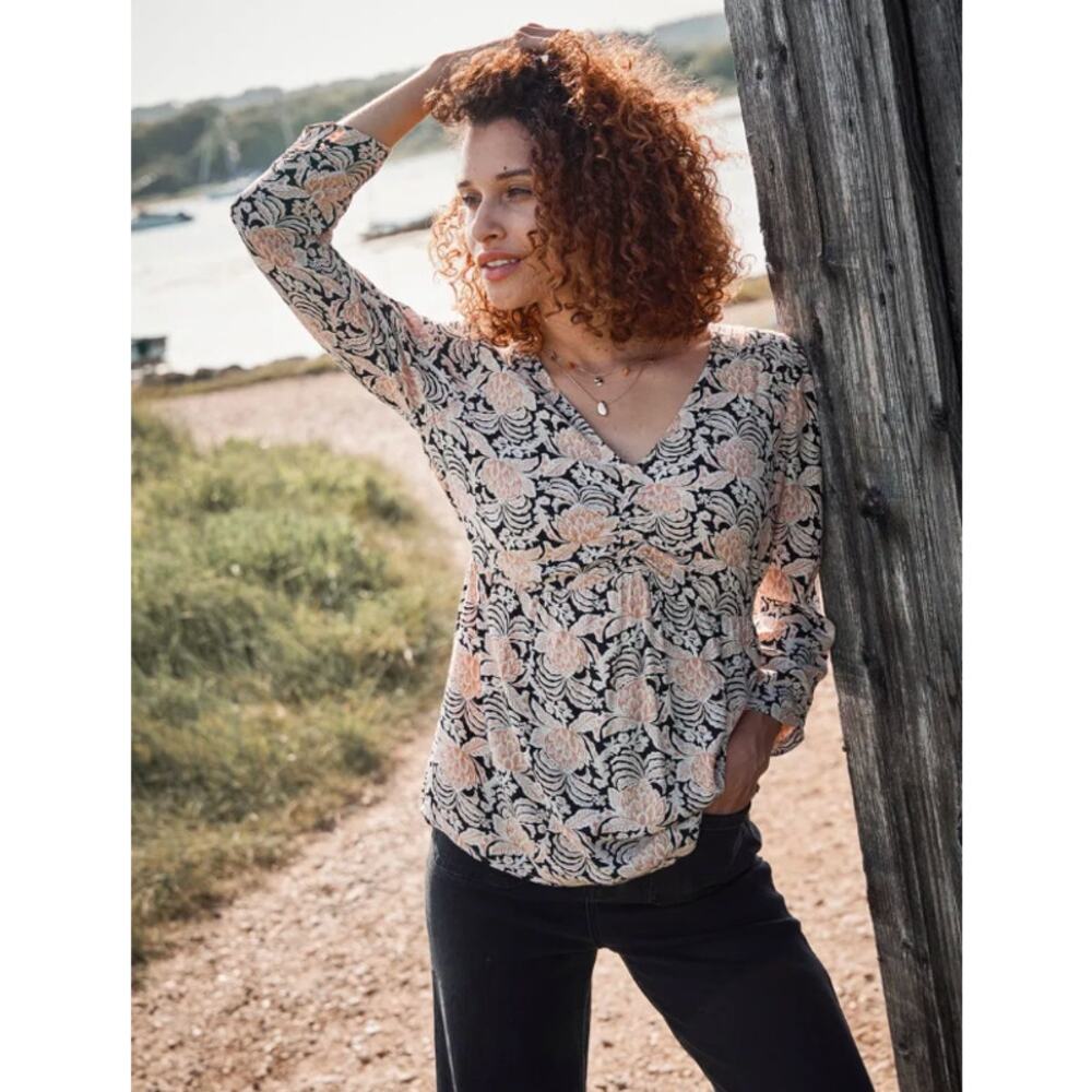 FatFace Womens 8 Black Peach Kinsey Damask Floral 3/4 Sleeve Blouse Top Viscose